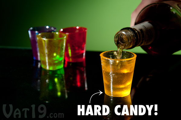 Hard Candy Shot Glasses being filled on a table.