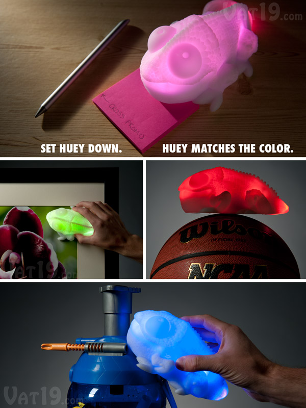Huey the Chameleon Lamp matches the color of whatever object it is sitting upon.