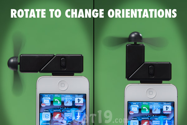 Pivoting head allows the iPhone Fan Attachment to be used comfortable in portrait or landscape mode.