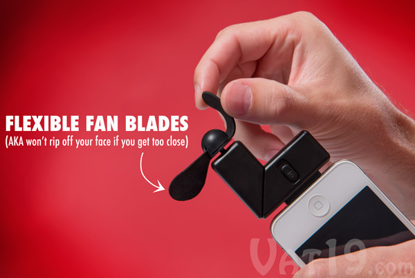iPhone Fan Attachment features soft, flexible foam fan blades.