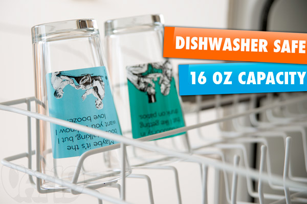 Irreverent Beer Pints are dishwasher safe and feature a 16 ounce capacity.