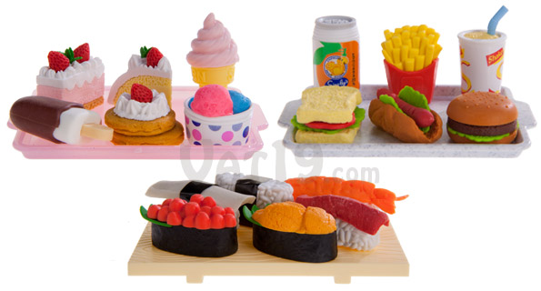 Japanese Food Erasers are available in dessert, fast food, and sushi sets.