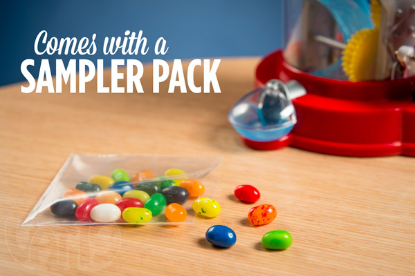 The Jelly Belly Dispenser includes a small sampler pack of jelly beans.