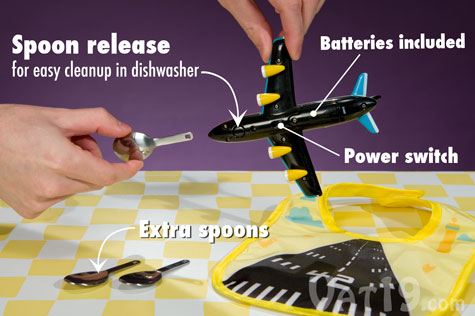 Airplane spoon uses detachable spoons for easy dishwasher cleaning.