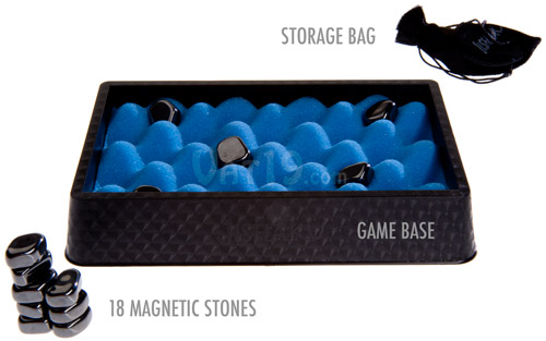 The Jishaku game comes with a storage bag, game base, and 18 magnetic stones.