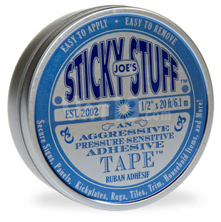 Joe's Sticky Stuff double sided adhesive tape is packaged in an attractive tin.