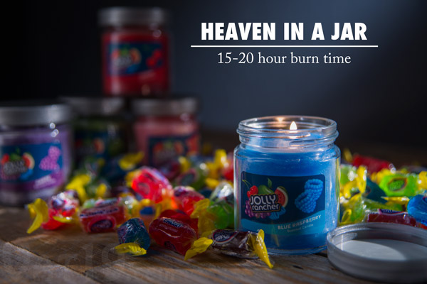 Officially licensed Jolly Rancher Candles on a table.