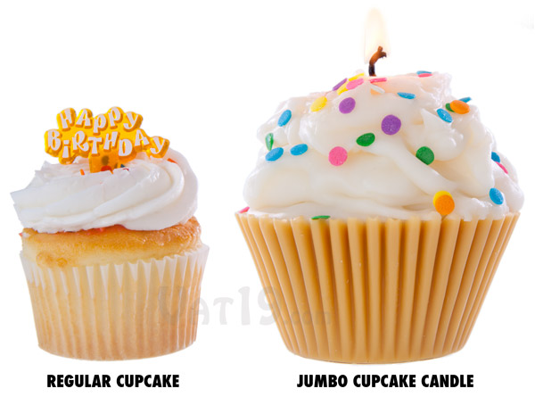 Jumbo Cupcake Candle versus a regular cupcake.