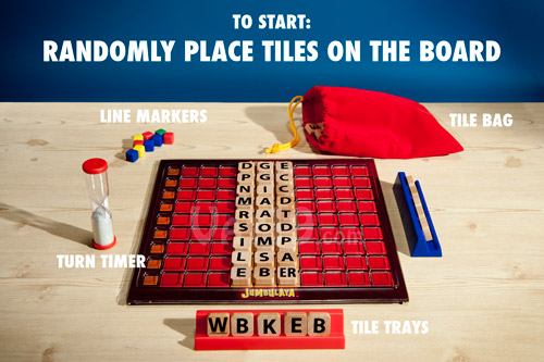 To begin playing Jumbulaya, randomly place 27 tiles down the center of the board.