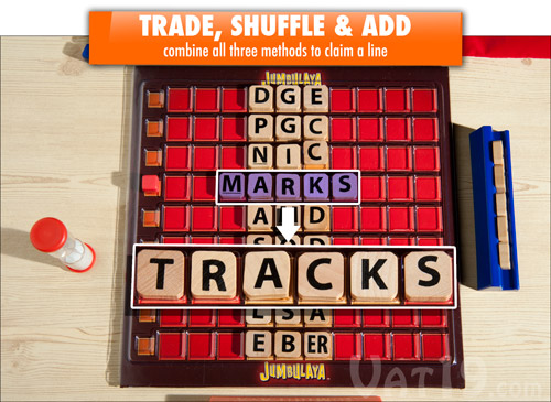 Add letters, exchange letters, and shuffle letters to claim a line.