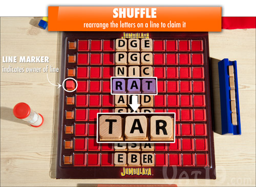 Shuffle the letters to create a new word and claim the line.