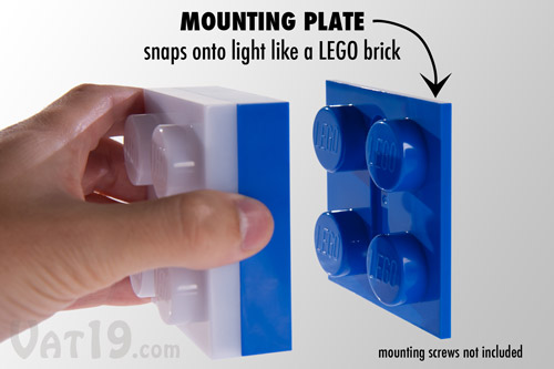The mounting plate for the LEGO Brick Light snaps onto the light just like a regular LEGO brick.