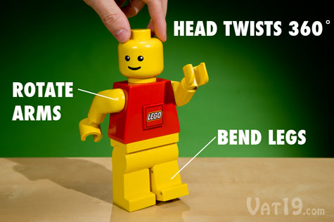 The nearly eight-inch-tall LEGO LED Torch Flashlight features a twisting head and movable arms and legs.