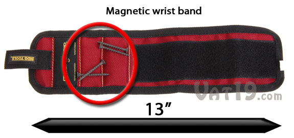 The Magnogrip Wristband is a magnetic wrist band that holds nails, screws, and other small tools.