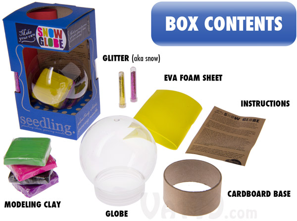 Everything you need to create your very own snow globe is included in this kit.