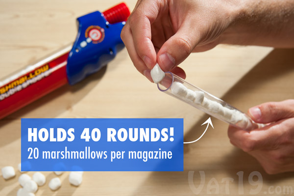 The Marshmallow Double Shooter holds up to 40 mini marshmallows before requiring a reload.