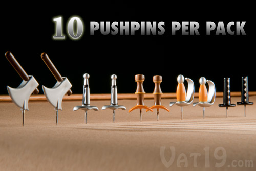 Each pack of Medieval Weapons Pushpins includes 10 classic weapon replicas from ye olde times.