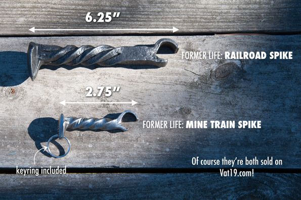 In addition to the mini railroad spike bottle opener, Vat19 also sells a reclaimed railroad spike bottle opener.