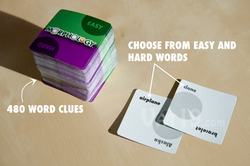 Each Morphology card includes one easy and one hard word. There are 240 total cards.