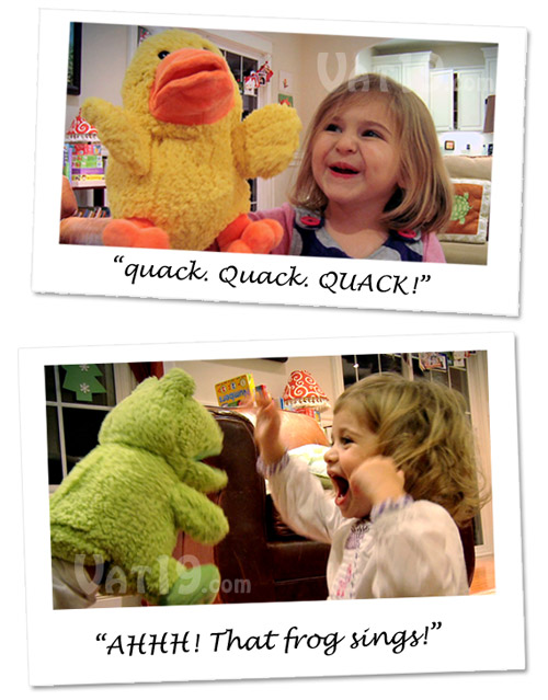 Kids playing with the Musical Animal Hand Puppets.