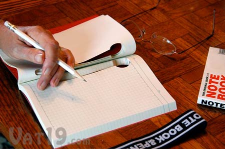 Notebook and Pencil is a 100 page notebook with a built-in space for holding a writing utensil.