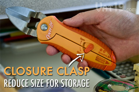 The closure clasp on the OpenIt! Plastic Package Opener reduces its size for easy and safe storage.