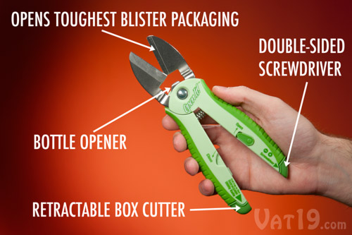 OpenIt! Plastic Package Opener easily opens the toughest blister packs and also includes a bottle opener, screwdriver, and box knife.