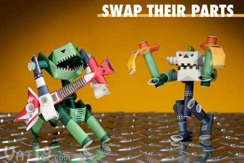 Piperoid robots share the same paper pipe construction, so the parts are interchangeable.