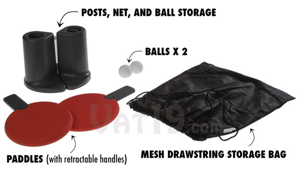 Contents of the Pongo Portable Table Tennis Set.