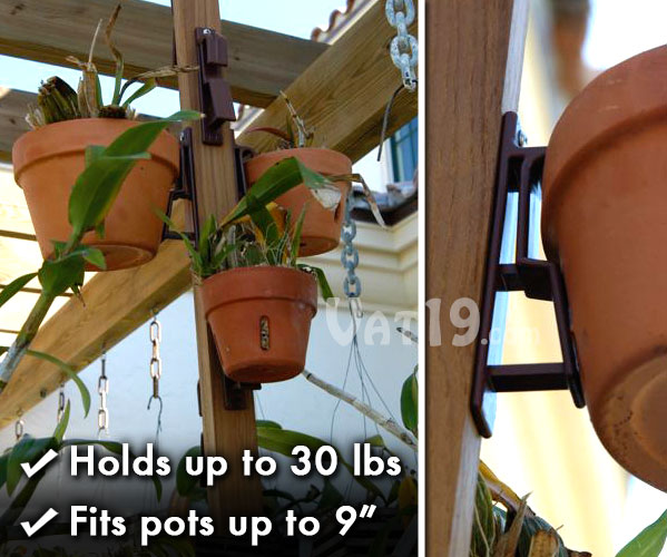 The Pot Latch flower pot hanger allows you to hang terra cotta or clay pots up to 30 lbs and 9 inches across.