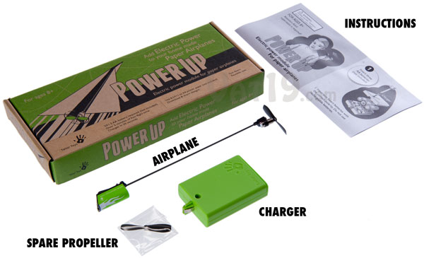The box contents of the PowerUp Electric Power Module for Paper Airplanes