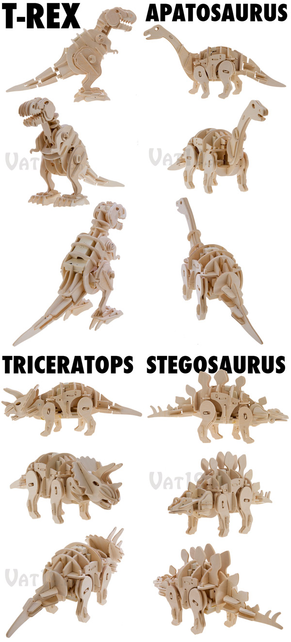 The DIY Remote Control Robotic Wooden Dinosaurs are available in T-Rex, Triceratops, Stegosaurus, and Apatosaurus.