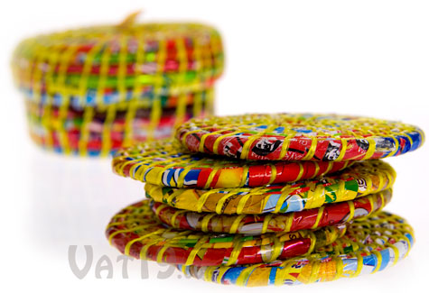 Each order includes six four-inch diameter hand-made coasters.