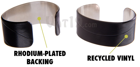 The Recycled Vinyl Record Bracelet features a rhodium-plated backing.