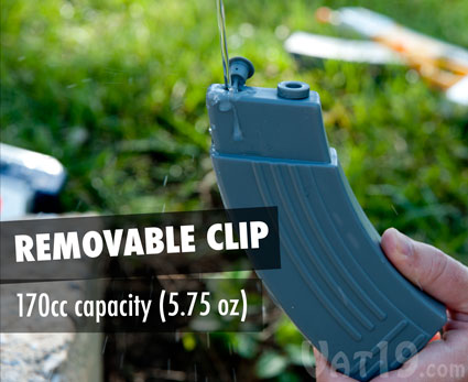 The Saturator AK-47 automatic water gun features a removable clip that stores your