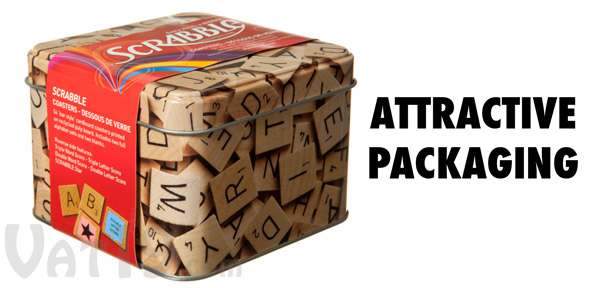 Scrabble Coasters are packaged in an atractive tin box.