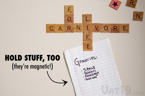 Hang pictures, notes, and reminders with your Scrabble magnetic tiles.