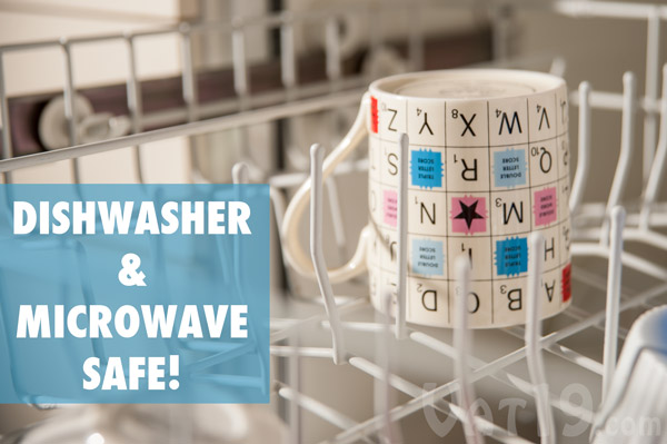 The SCRABBLE&reg; Tile Mug is dishwasher and microwave safe.