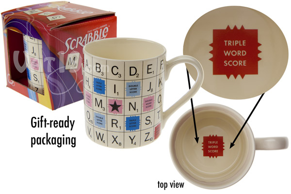 The SCRABBLE tile mug from various views.