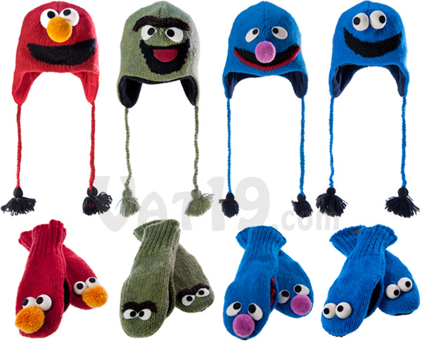 Sesame Street Hats and Mittens are available in Elmo, Oscar, Cookie Monster, and Grover.