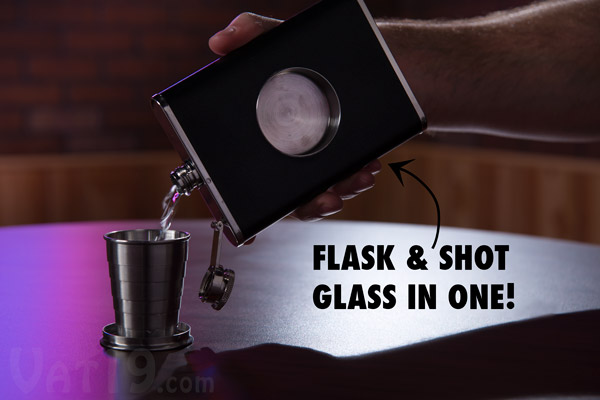 Shot Flask pouring a drink into its integrated telescoping shot glass.
