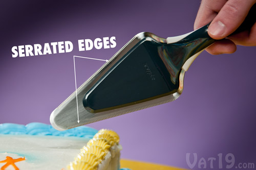 Serrations on both edges of the Slice 'n Slide Cake Server make it perfect for cleanly cutting cakes and pies.