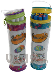 Smencils are packaged in a plastic, zippered pouch