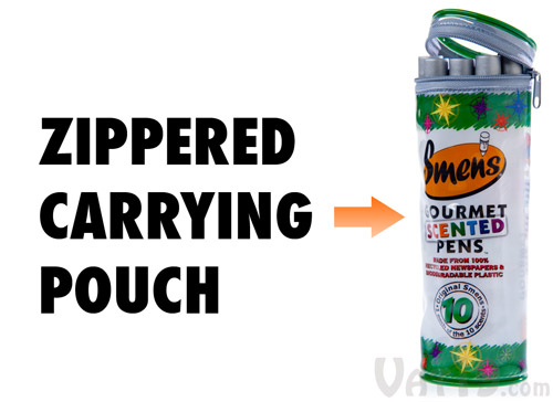 Smens are packaged in a zippered carrying pouch.