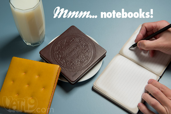 Notebooks that look like snack treats such as cheese crackers and oreos.
