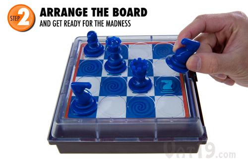 Arrange the board according to the illustration on the Solitaire Chess challenge card.