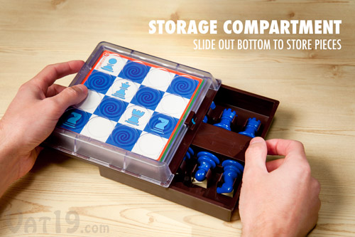 Store the 10 included chess pieces in the slide-out drawer.
