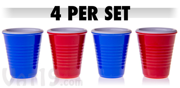 Each set of Solo Cup Shot Glasses includes four shot glasses (two each of blue and red).