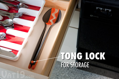 The locking mechanism ensures a smaller footprint for storing the Spoon Tongs.