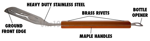 The Sportula Golfer Spatula features heavy duty stainless steel, maple handles, brass rivets, and a bottle opener.